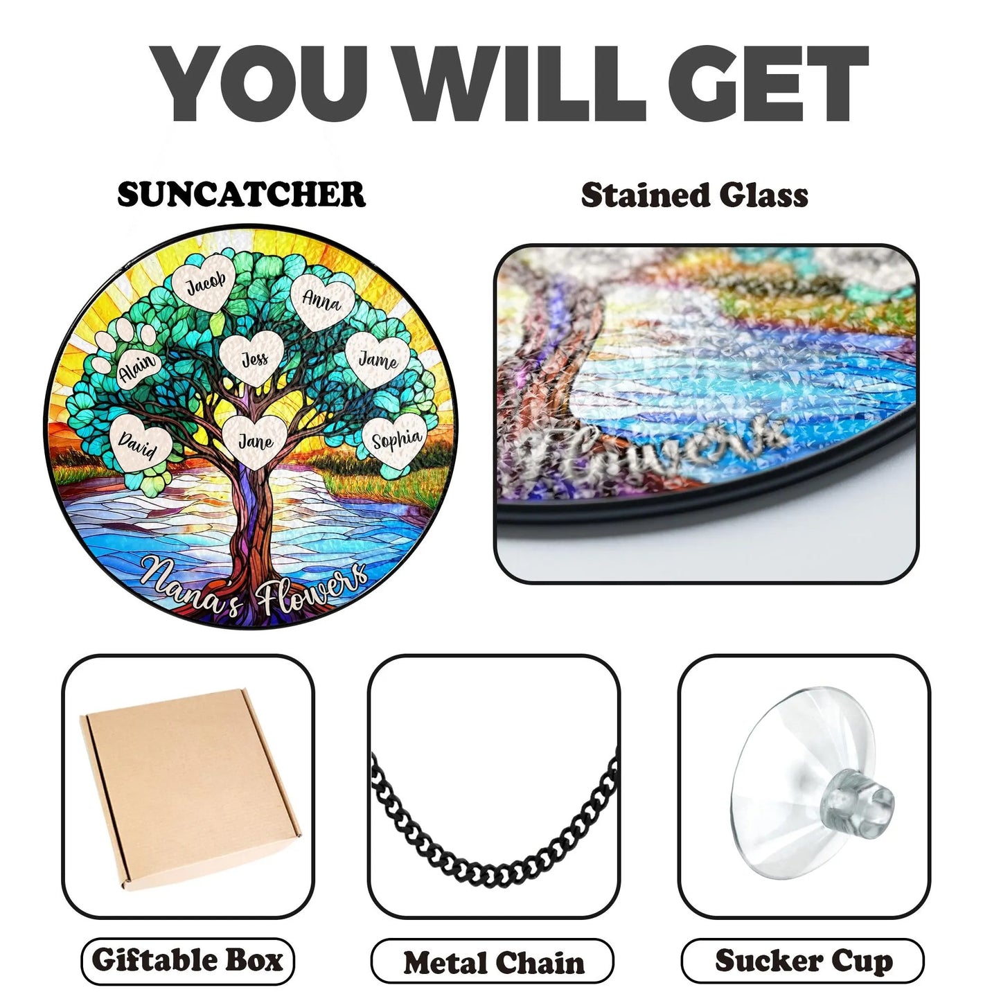 Netecom Personalized Stained Glass Family Name Suncatcher – Window Home Decor Landscape Mother's Day Birthday Gifts for Women Men Mom