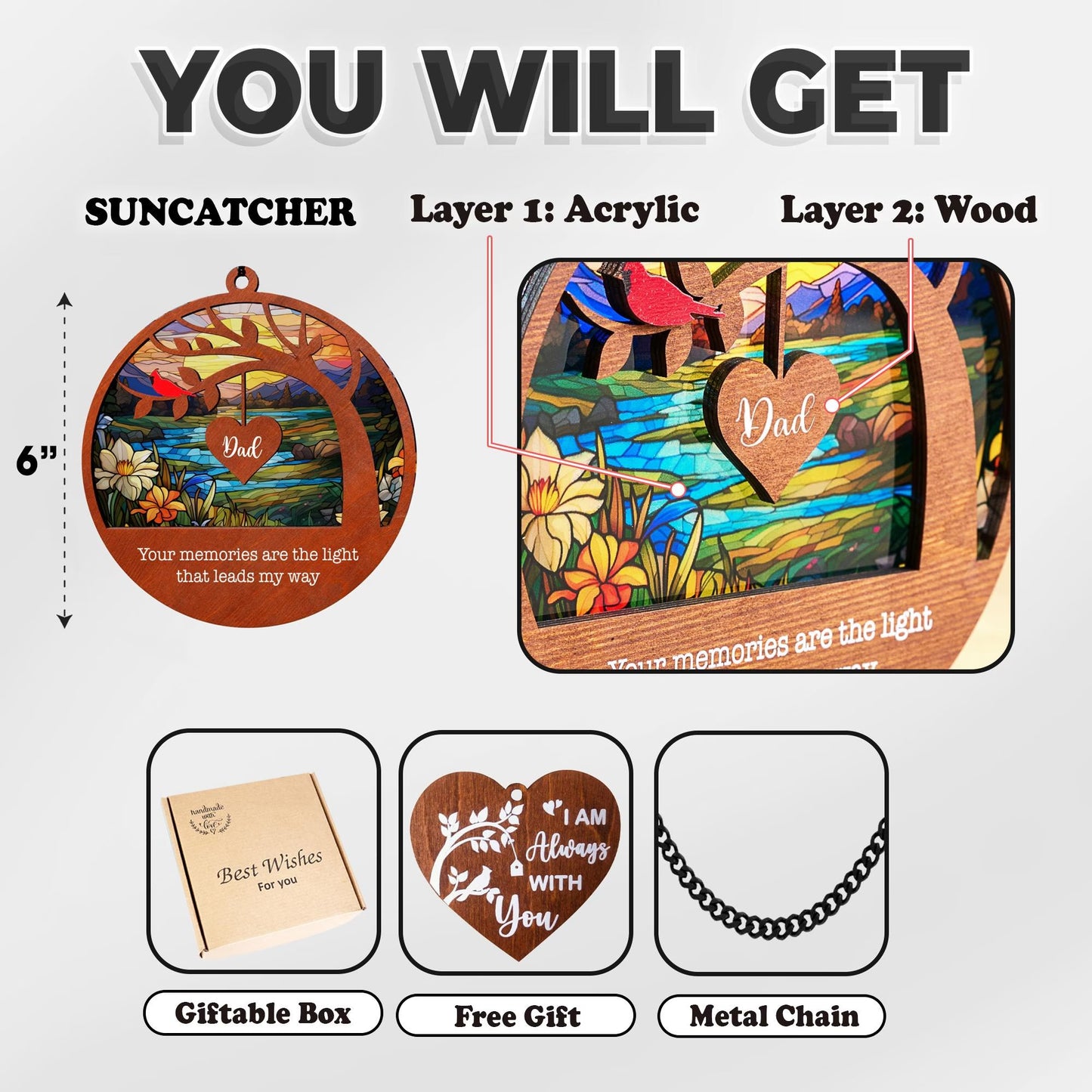 Netecom Sympathy Suncatcher for Loss of Dad – Memorial Gift for Father in Heaven, Always in My Heart