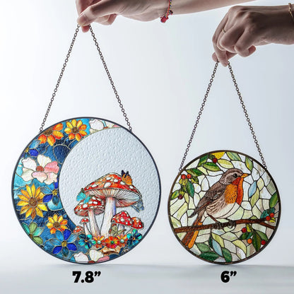 Netecom Woodland Mushroom Stained Glass Window Hanging, Floral Crescent Suncatcher, Gardening Gift, Forest Home Decor for Mom  Grandma