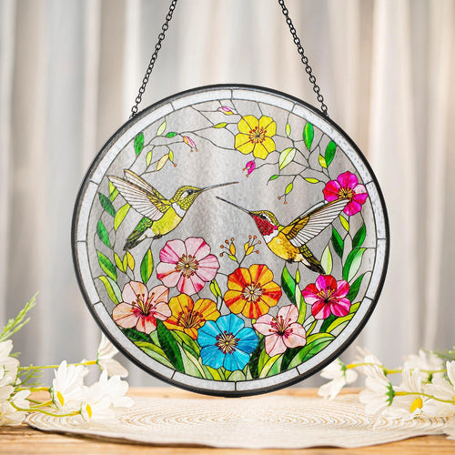 Netecom Hummingbirds Stained Glass Suncatcher – Bird Lover Window Hanging, Wildflower Glass Art, Nature Lover Gift, Vibrant Bird Window Decor