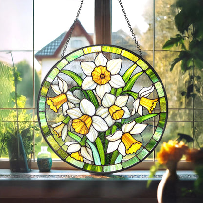 Netecom Daffodil Stained Glass Suncatcher – March Birth Flower Window Hanging, Garden Lover Gift, Floral Home Decor for Grandma Mom