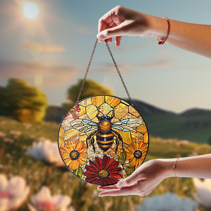 Netecom Bee and Flower Stained Glass Suncatcher – Honeycomb Window Hanging, Yellow Floral Home Decor, Mother’s Day Gift for Mom and Bee Lovers