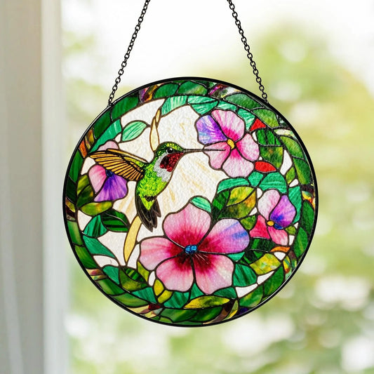 Netecom Wildflower Hummingbird Stained Glass Suncatcher – Colorful Floral Window Hanging, Bird Lover Gift, Mother’s Day Lightcatcher Decor