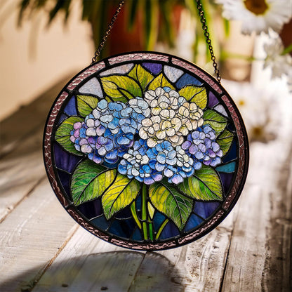 Netecom Blue Hydrangea Stained Glass Suncatcher – Floral Window Hanging, Hydrangea Garden Decor, Gift for Friends Bestie Mom Nana