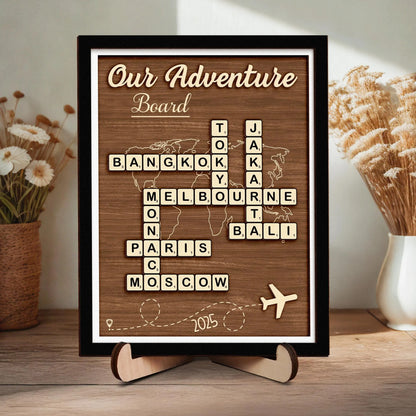 Netecom Personalized Adventure Scrabble Sign Travel Destination Keepsake Board Couple’s Adventure Map Travel Lover Gift Traveling Memory Board