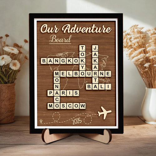 Netecom Personalized Adventure Scrabble Sign Travel Destination Keepsake Board Couple’s Adventure Map Travel Lover Gift Traveling Memory Board
