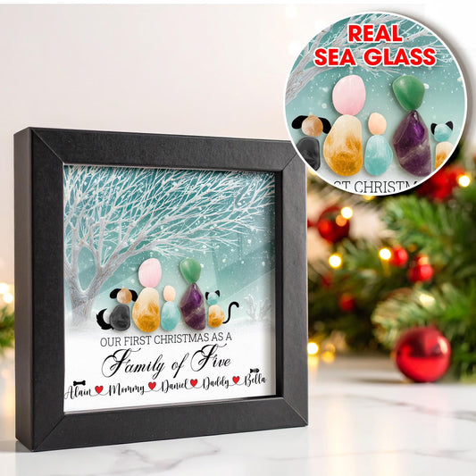 Netecom Personalized Sea Glass Family Names Frame Our First Christmas as a Family Gift Custom Family Keepsake for Mom Dad