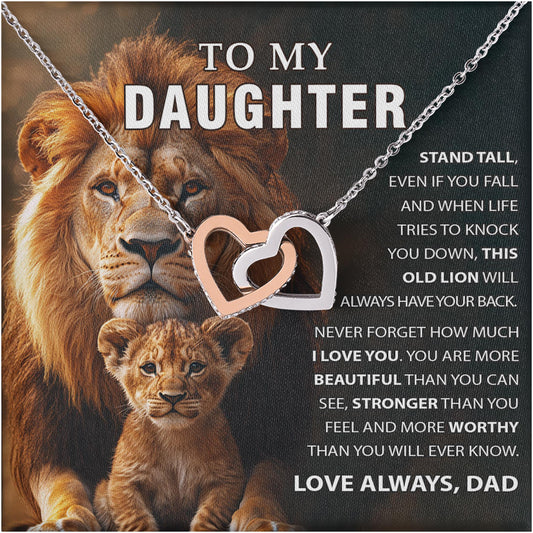 Netecom Personalized To My Daughter Necklace from Dad – Custom Message Card with Name, Lion Dad Interlocking Heart Jewelry Gift for Birthday Graduation Christmas