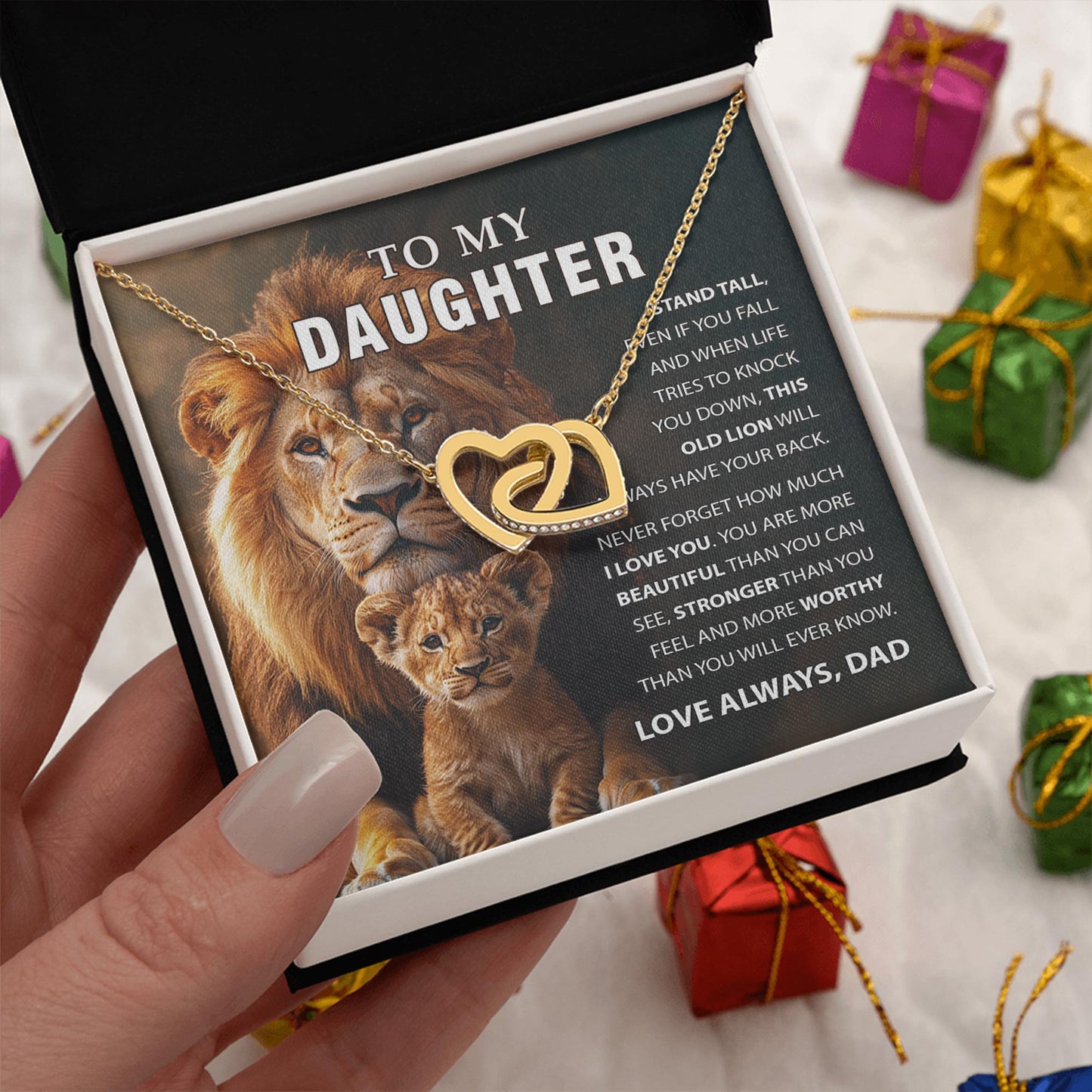 Netecom Personalized To My Daughter Necklace from Dad – Custom Message Card with Name, Lion Dad Interlocking Heart Jewelry Gift for Birthday Graduation Christmas