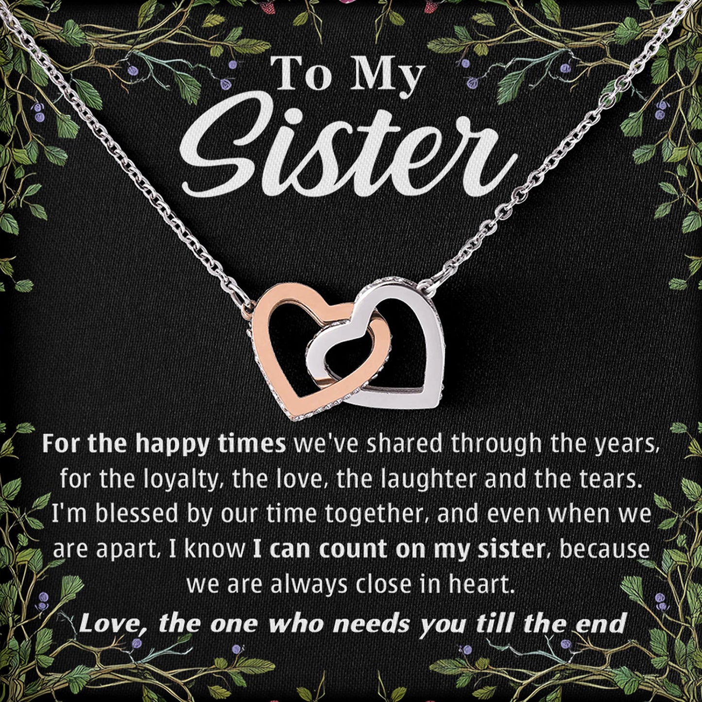 Netecom Personalized To My Sister Necklace, Custom Message Card with Name, We Are Always Close In Heart Interlocking Heart Jewelry Gift for Birthday, Christmas