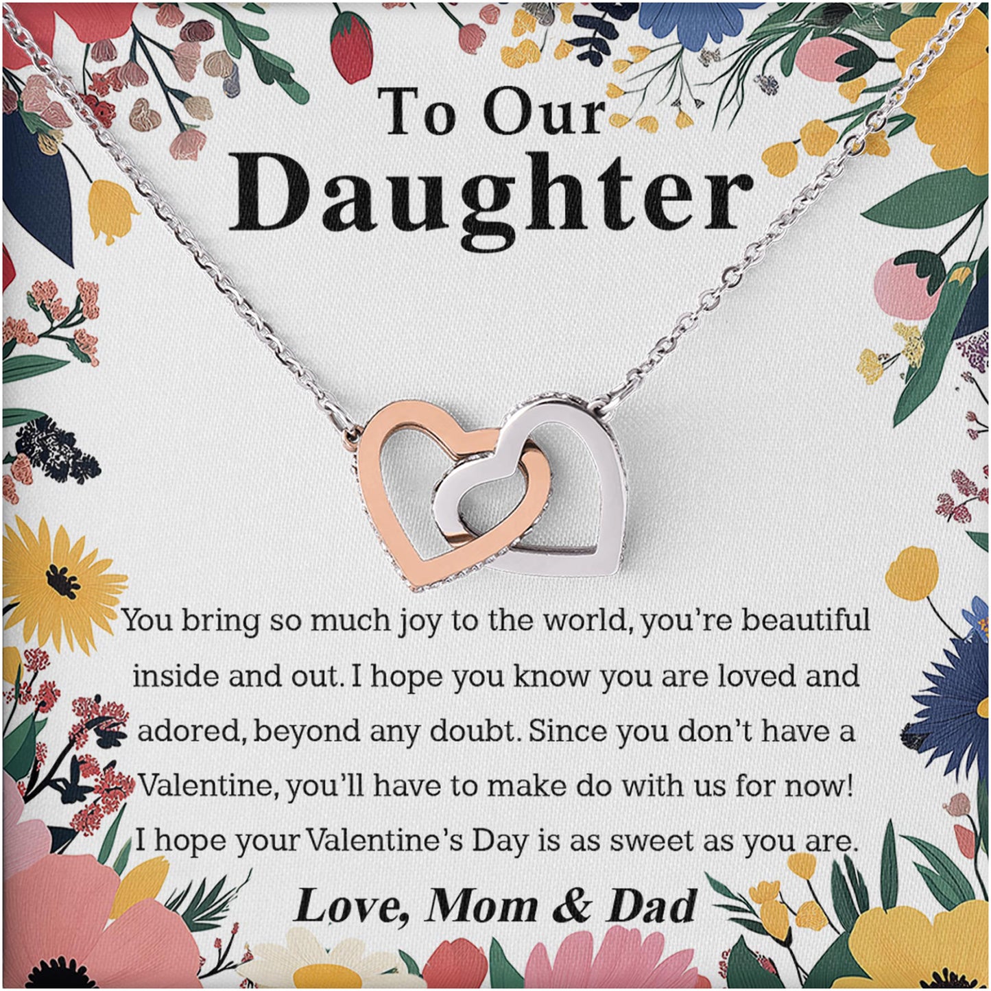 Netecom Personalized To Our Daughter Necklace from Mom and Dad, Custom Message Card with Name, Minimalist Flower Interlocking Heart Jewelry Gift for Birthday, Christmas