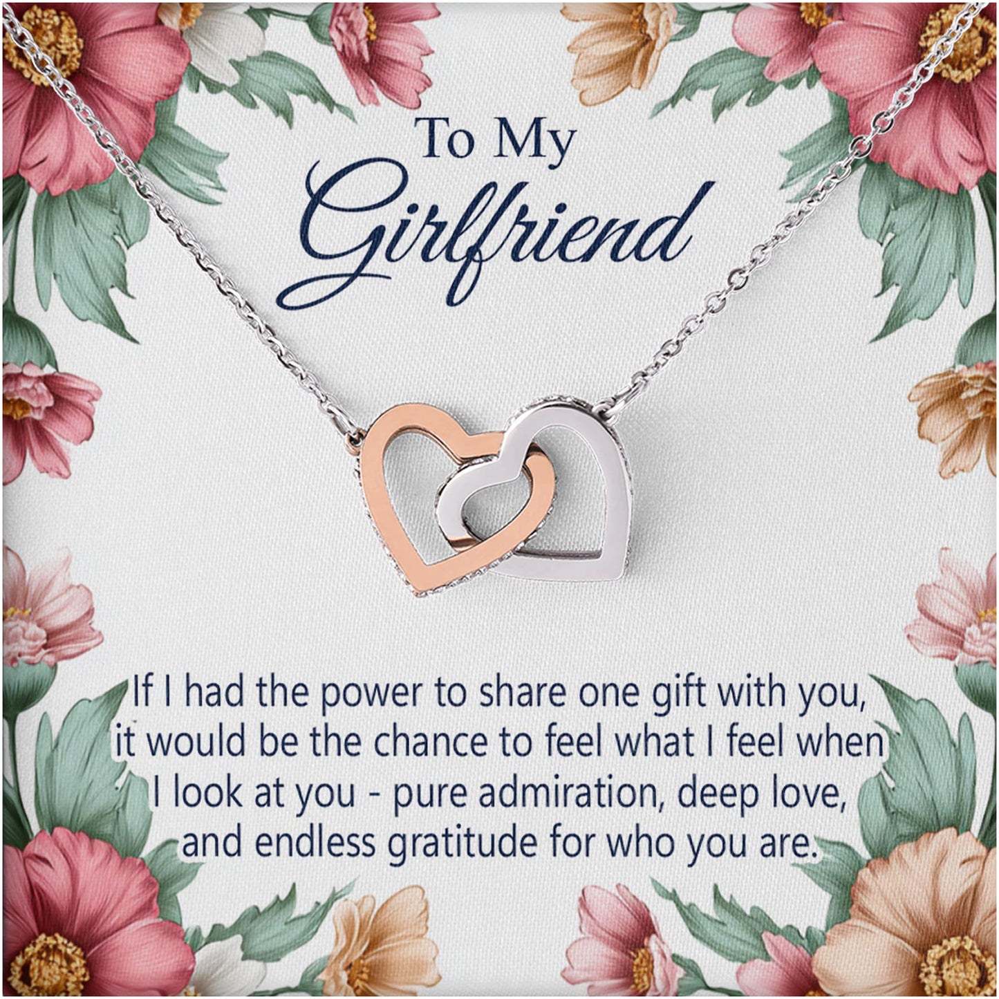 Netecom Personalized To My Girlfriend Necklace, Interlocking Hearts Jewelry with Floral Card, Romantic Birthday, Anniversary, Valentine’s Day Gift