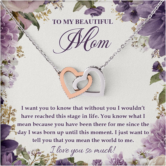 Netecom Personalized To My Beautiful Mom Necklace from Daughter Son, Custom Purple Flowers Message Card with Name, Interlocking Heart Jewelry Gift for Birthday, Christmas