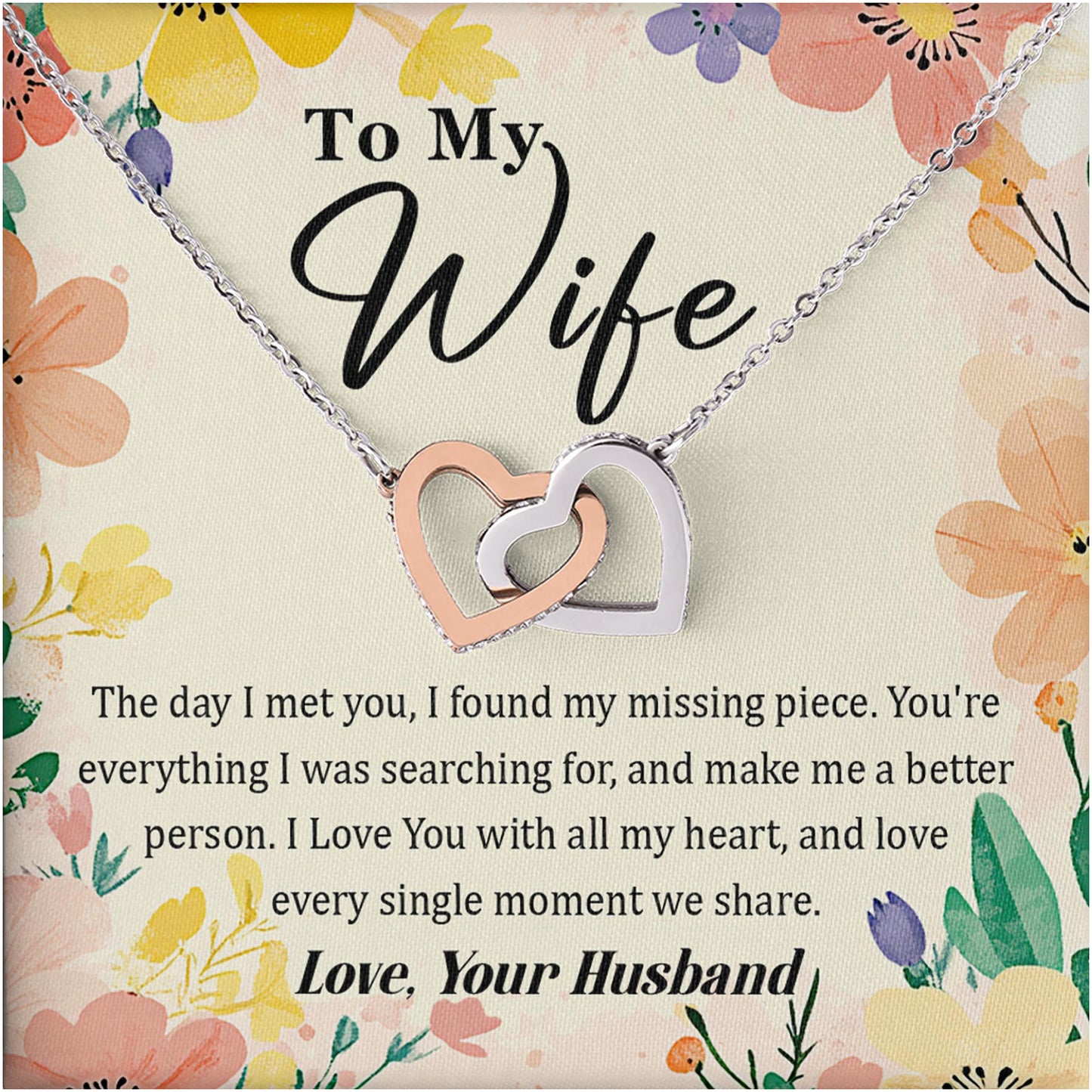 Netecom Personalized To My Wife Necklace from Husband, Interlocking Hearts Jewelry with Floral Card, Romantic Birthday, Anniversary, Christmas Gift
