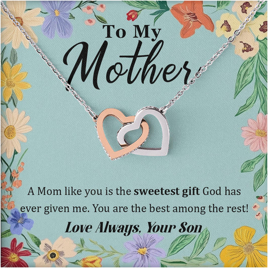 Netecom Personalized To My Mother Necklace from Son, Custom Message Card with Name, A Mom Like You Is The Sweetest Gift Interlocking Heart Jewelry Gift for Birthday, Christmas
