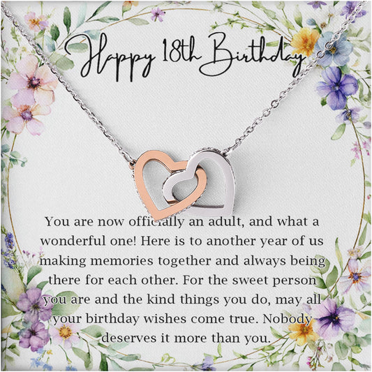 Netecom Personalized Birthday Necklace, Custom Floral Card with Name, Interlocking Hearts Jewelry Gift for Best Friend, Sister, or Loved One