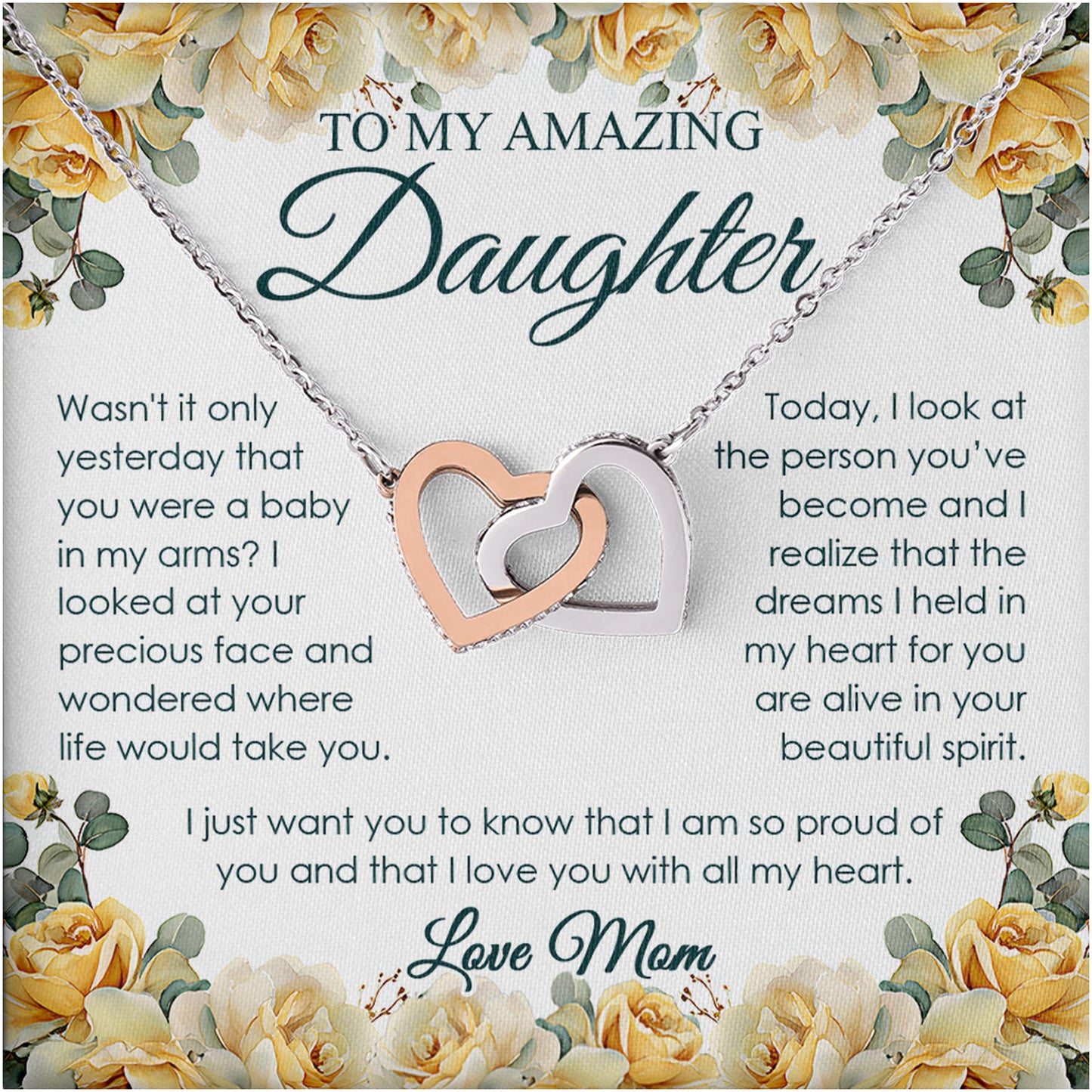 Netecom Personalized To My Amazing Daughter Necklace from Mom, Custom Yellow Flower Message Card with Name, Interlocking Heart Jewelry Gift for Birthday, Christmas