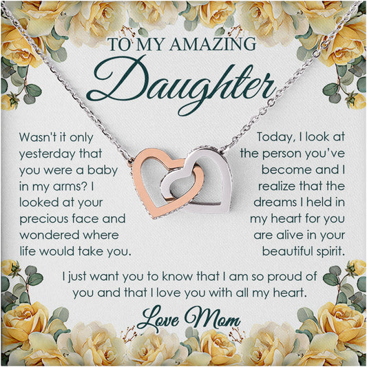 Netecom Personalized To My Amazing Daughter Necklace from Mom, Custom Yellow Flower Message Card with Name, Interlocking Heart Jewelry Gift for Birthday, Christmas