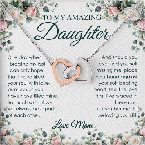 Netecom Personalized To My Amazing Daughter Necklace from Mom, Custom Vintage Flower Message Card with Name, Interlocking Heart Jewelry Gift for Birthday, Christmas