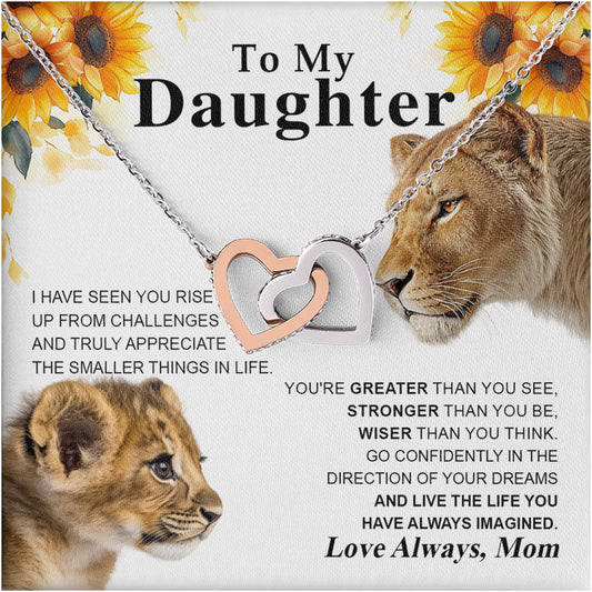 Netecom Personalized To My Daughter Necklace from Mom, Interlocking Heart Jewelry with Lion & Cub Card, Birthday, Graduation, Christmas Gift