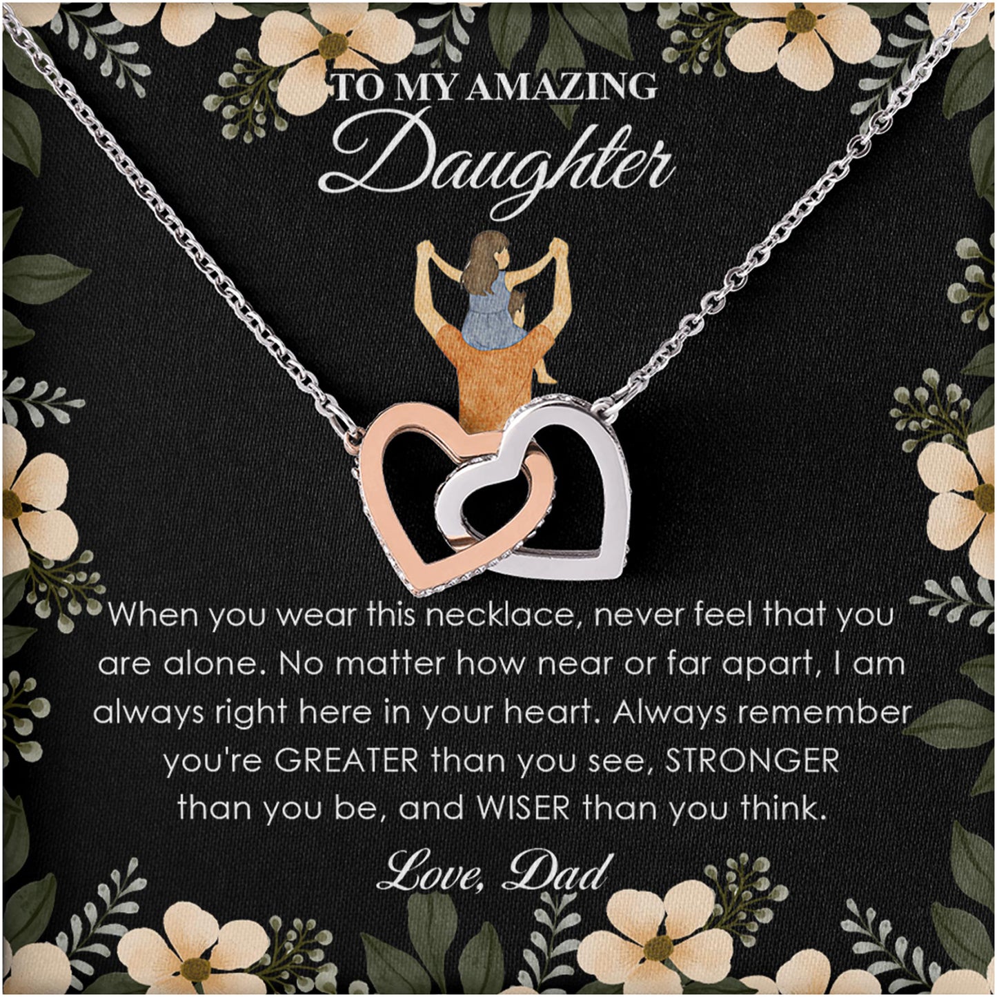 Netecom Personalized To My Daughter Necklace from Dad, Interlocking Heart Jewelry with Black Floral Card, Encouraging Birthday, Graduation, Christmas Gift