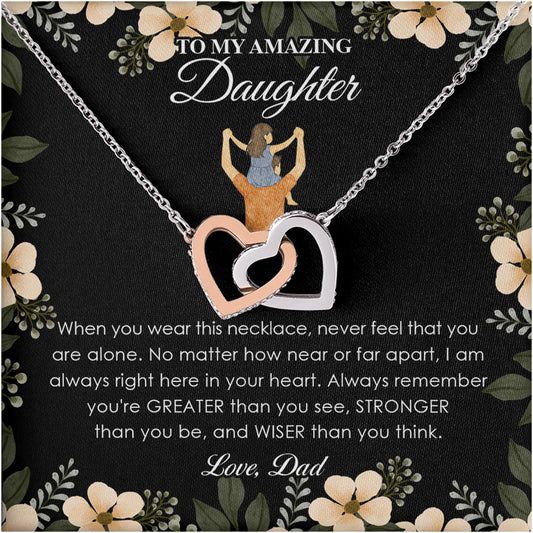 Netecom Personalized To My Daughter Necklace from Dad, Interlocking Heart Jewelry with Black Floral Card, Encouraging Birthday, Graduation, Christmas Gift