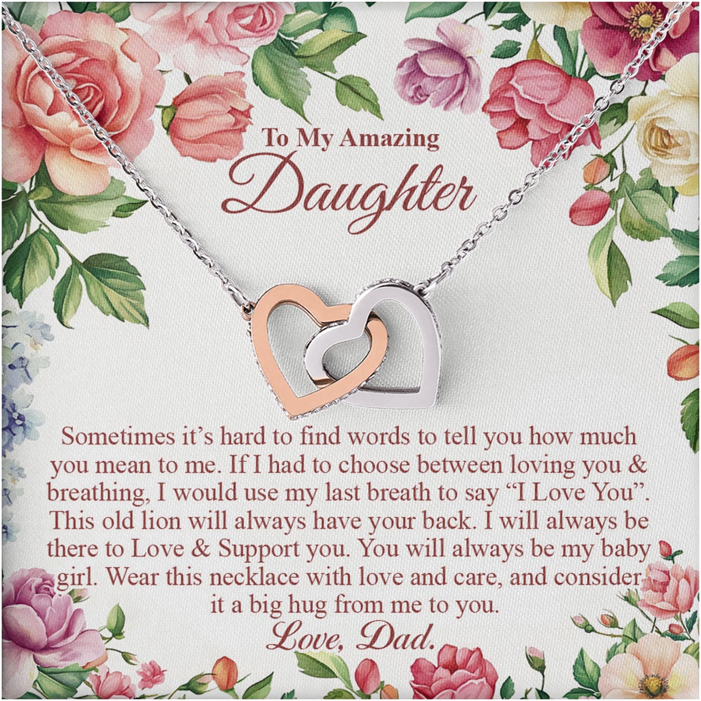 Netecom Personalized To My Amazing Daughter Necklace from Dad, Custom Message Card with Name, Interlocking Heart Jewelry Gift for Birthday, Christmas