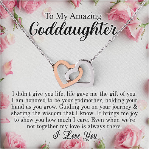 Netecom Personalized To My Goddaughter Necklace from Godmother, Custom Message Card with Name, Interlocking Heart Jewelry Gift for Birthday, Christmas