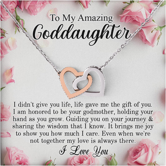 Netecom Personalized To My Goddaughter Necklace from Godmother, Custom Message Card with Name, Interlocking Heart Jewelry Gift for Birthday, Christmas