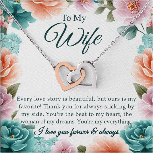 Netecom  Personalized To My Wife Necklace from Husband, Custom Vintage Floral Message Card with Name, Interlocking Heart Jewelry Gift for Birthday, Christmas, Wedding