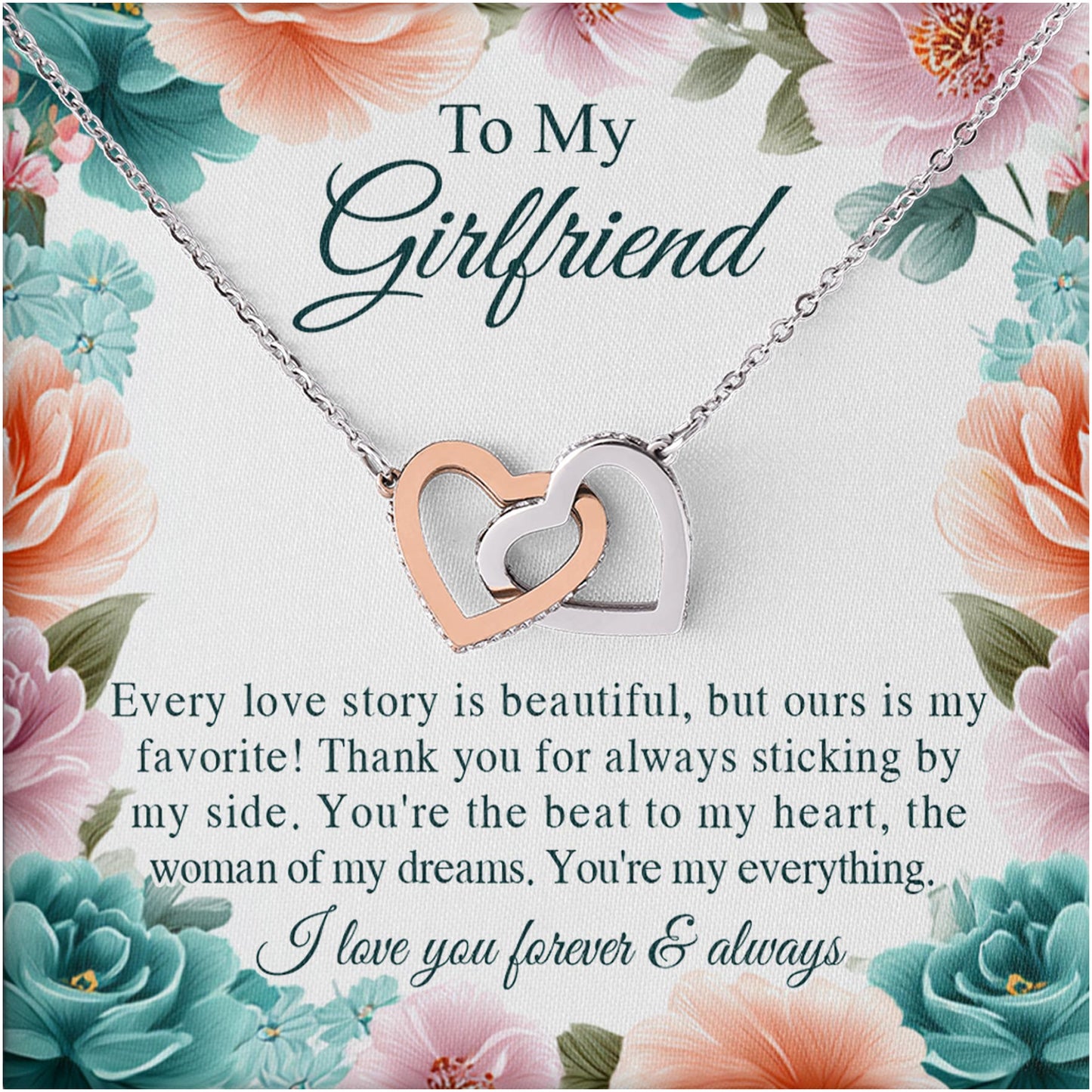 Netecom Personalized To My Girlfriend Necklace from Boyfriend, Custom Flowers Message Card with Name, Interlocking Heart Jewelry Gift for Anniversary, Birthday, Christmas