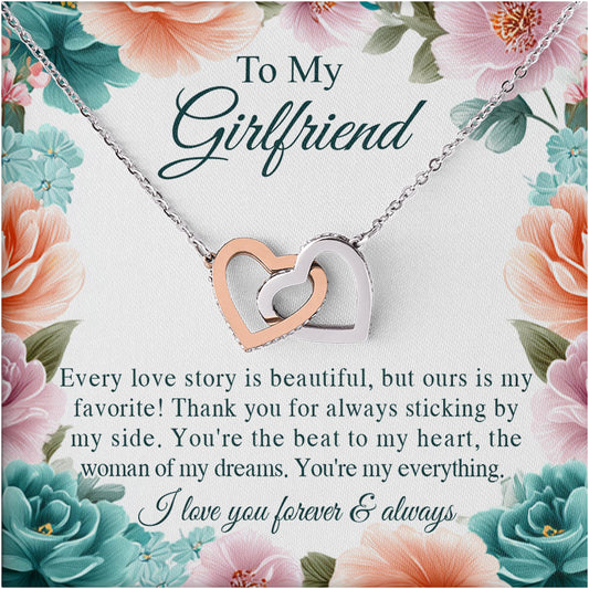 Netecom Personalized To My Girlfriend Necklace from Boyfriend, Custom Flowers Message Card with Name, Interlocking Heart Jewelry Gift for Anniversary, Birthday, Christmas