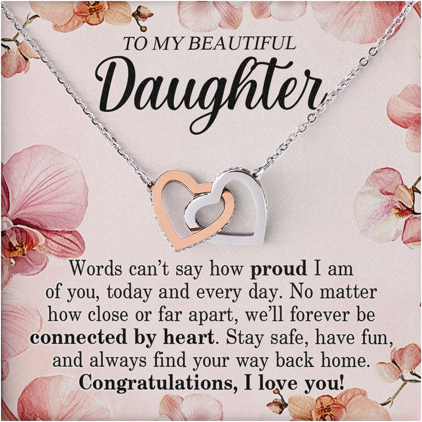 Netecom Personalized To My Daughter Necklace from Mom Dad, Custom Message Card with Name, We'll Forever be Connected by Heart Interlocking Heart Jewelry Gift for Birthday, Christmas