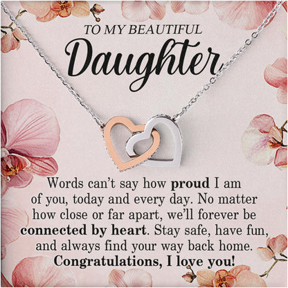 Netecom Personalized To My Daughter Necklace from Mom Dad, Custom Message Card with Name, We'll Forever be Connected by Heart Interlocking Heart Jewelry Gift for Birthday, Christmas