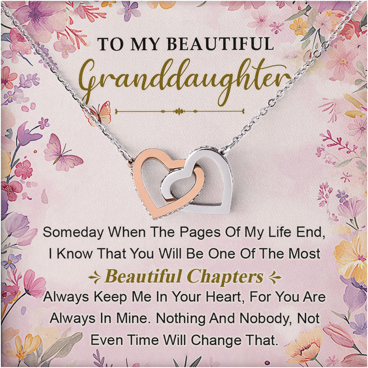 Netecom Personalized To My Granddaughter Necklace, Interlocking Hearts Jewelry with Butterfly Floral Card, Birthday, Graduation, Christmas Gift from Grandparents