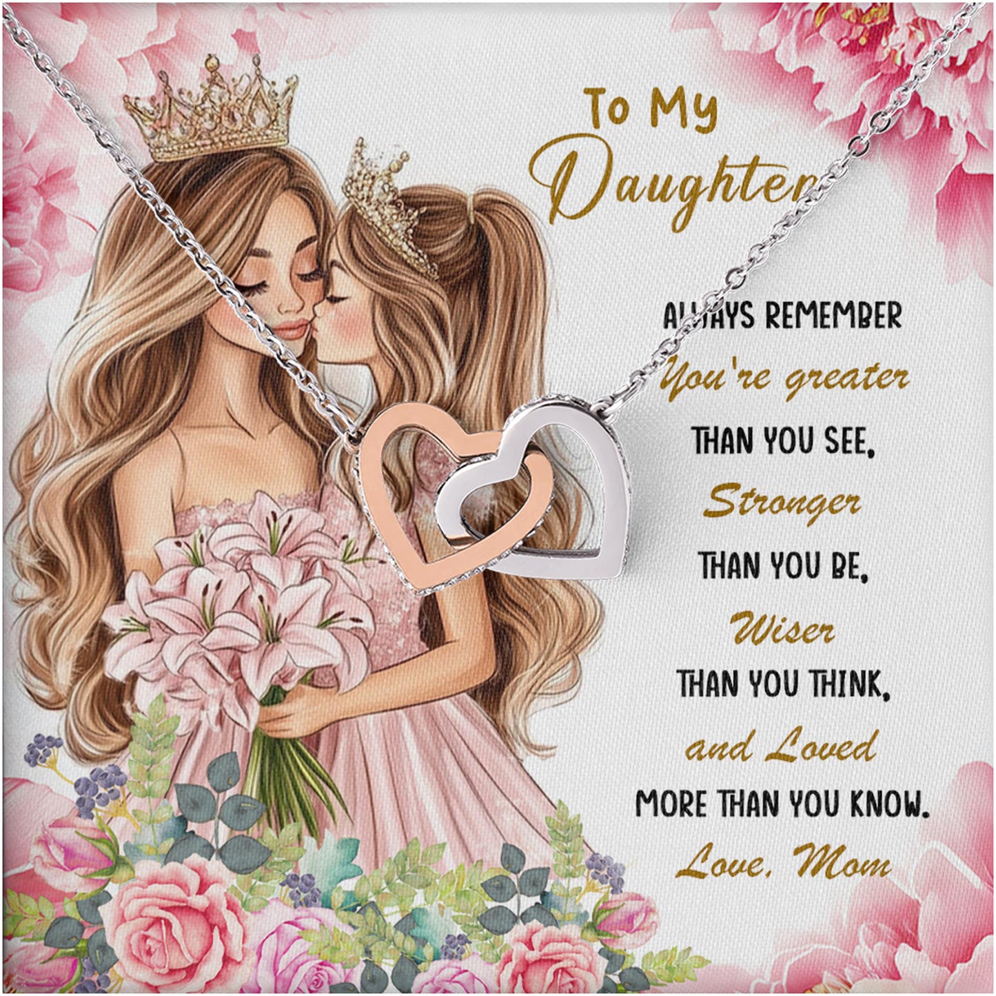 Netecom Personalized To My Daughter Necklace from Mom, Interlocking Hearts Jewelry with Floral Card, Birthday, Graduation, Christmas Gift