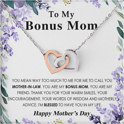 Netecom Personalized To My Bonus Mom Necklace, Interlocking Hearts Jewelry with Floral Card, Mother’s Day, Birthday, Christmas Gift from Daughter-in-Law