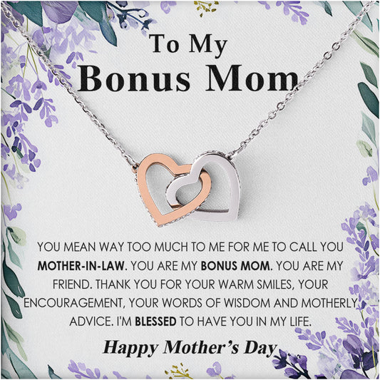 Netecom Personalized To My Bonus Mom Necklace, Interlocking Hearts Jewelry with Floral Card, Mother’s Day, Birthday, Christmas Gift from Daughter-in-Law