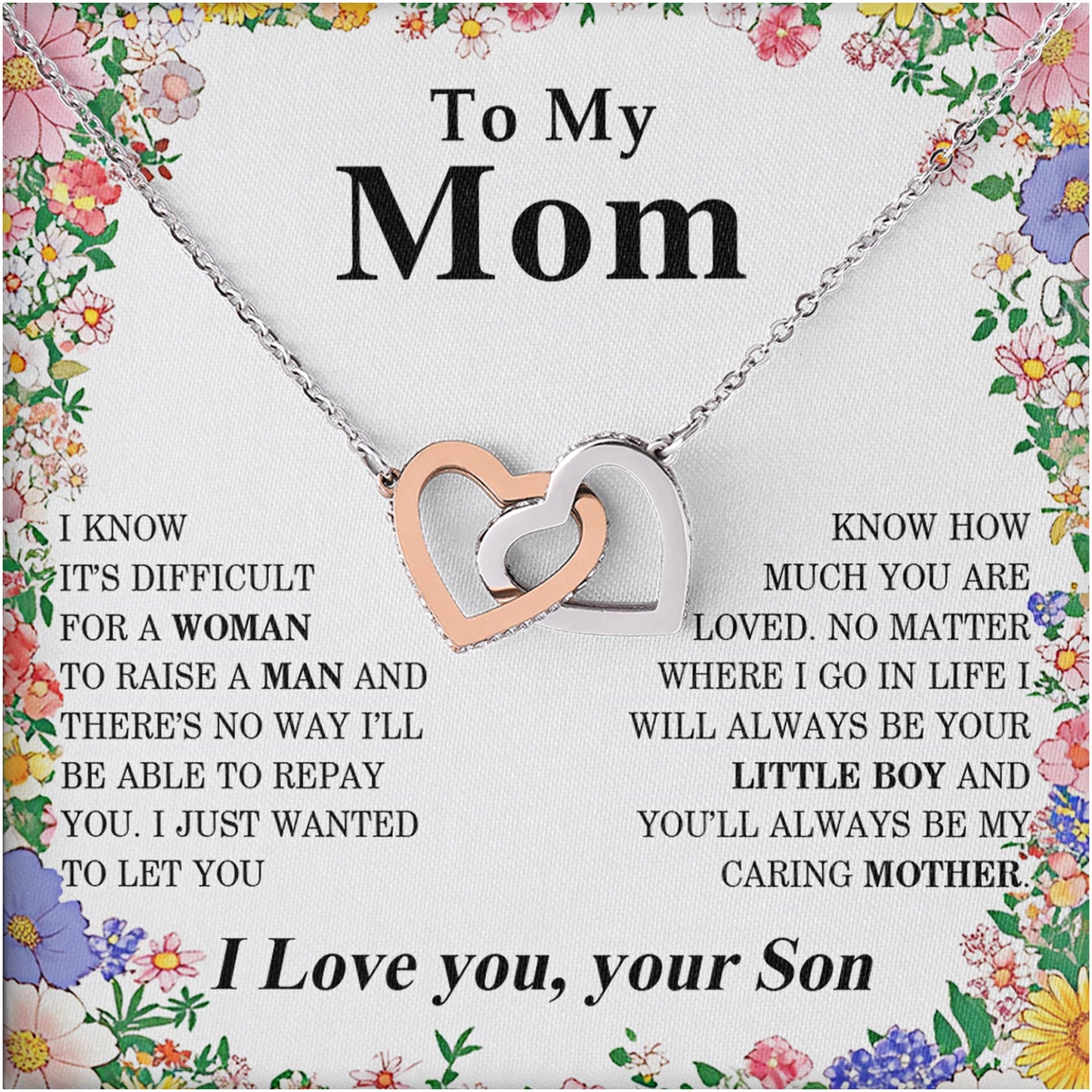 Netecom Personalized To My Mom Necklace from Son, Custom Message Card with Name, Simple Flower Interlocking Heart Jewelry Gift for Birthday, Christmas