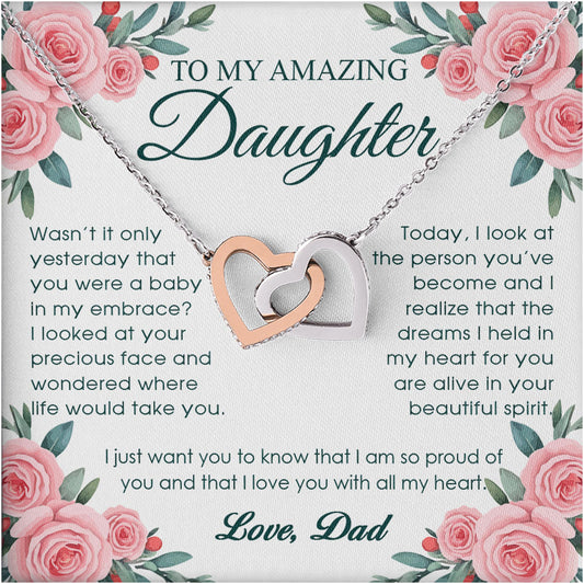Netecom Personalized To My Daughter Necklace from Dad, Interlocking Hearts Jewelry with Pink Rose Card, Birthday, Graduation, Christmas Gift