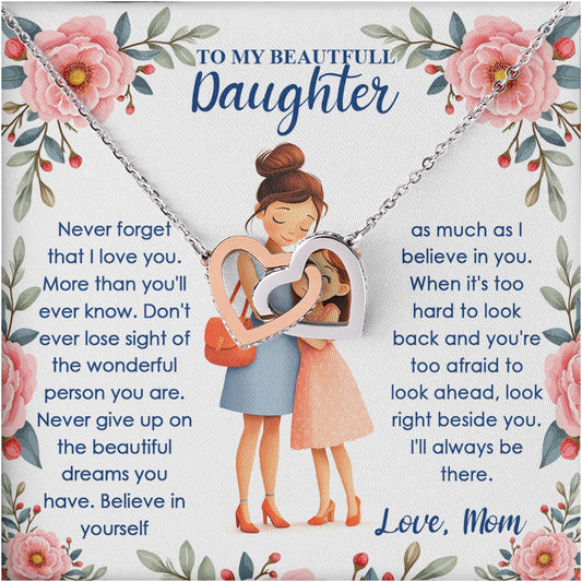 Netecom Personalized To My Beautiful Daughter Necklace from Mom, Custom Message Card with Name, Interlocking Heart Jewelry Gift for Birthday, Christmas