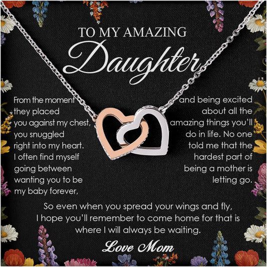 Netecom Personalized To My Daughter Necklace from Mom, Interlocking Hearts Jewelry with Elegant Black Floral Card, Birthday, Graduation, Christmas Gift