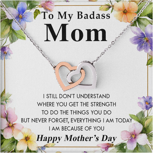 Netecom Personalized To My Badass Mom Necklace, Interlocking Heart Jewelry with Floral Card, Mother’s Day Gift for Strong and Loving Mom