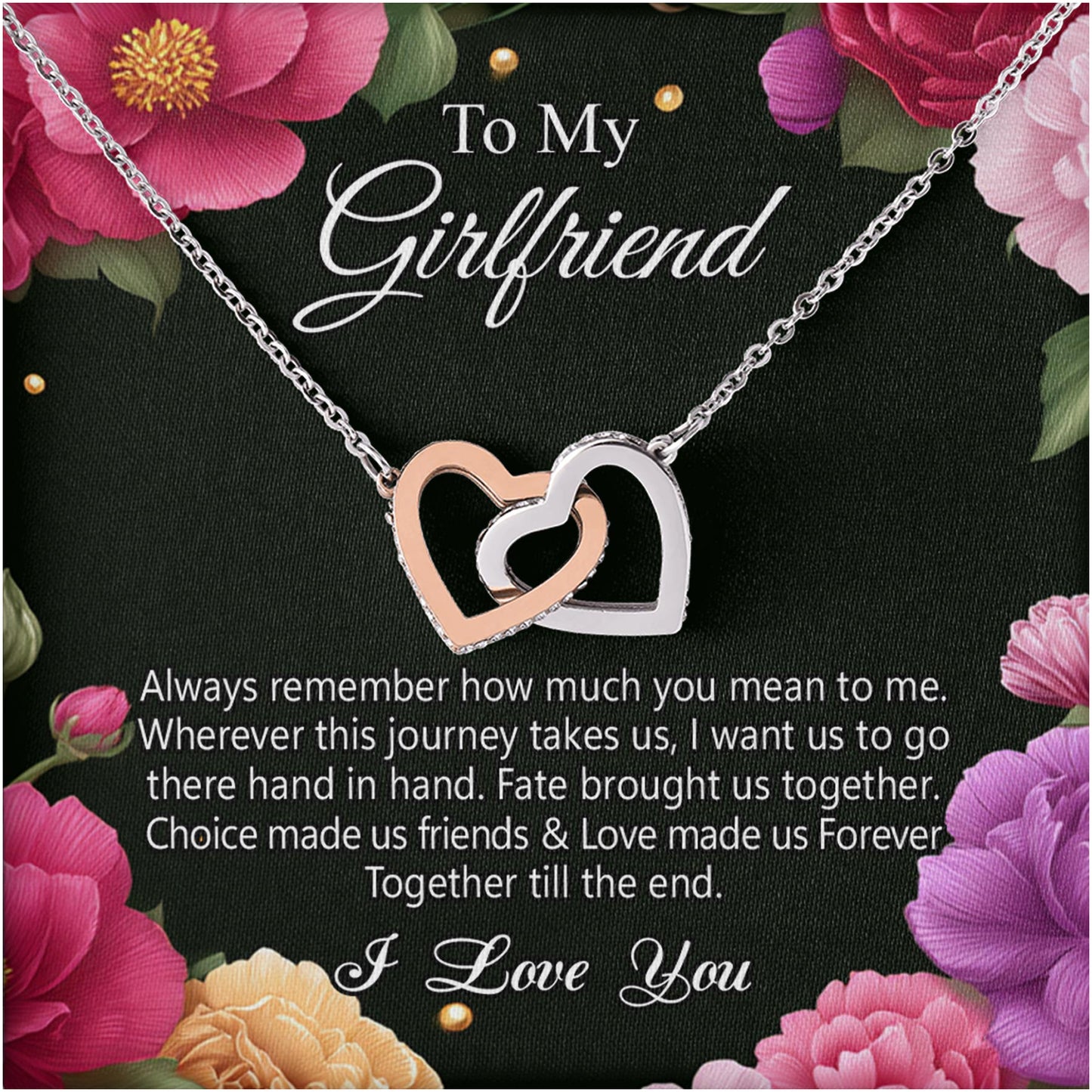 Netecom Personalized To My Girlfriend Necklace from Boyfriend, Custom Flowers Message Card with Name, Interlocking Heart Jewelry Gift for Wedding, Anniversary, Birthday, Christmas