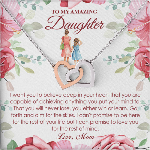 Netecom Personalized To My Amazing Daughter Necklace from Mom, Custom Flowers Message Card with Name, Interlocking Heart Jewelry Gift for Birthday, Christmas