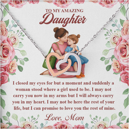 Netecom Personalized To My Amazing Daughter Necklace from Mom, Custom Rose Flowers Message Card with Name, Interlocking Heart Jewelry Gift for Birthday, Christmas