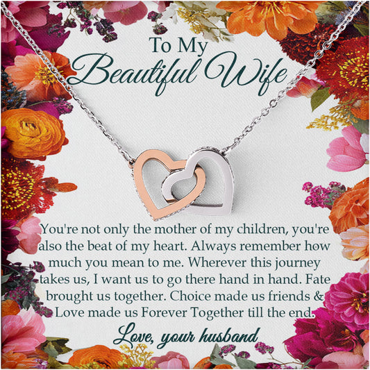 Netecom Personalized To My Beautiful Wife Necklace from Husband, Custom Flower Message Card with Name, Interlocking Heart Jewelry Gift for Anniversary, Birthday, Christmas, Wedding For Soulmate