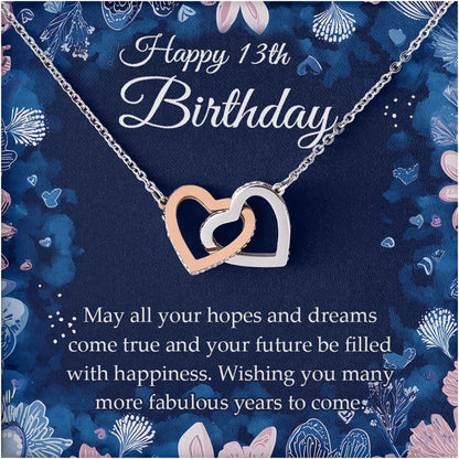 Netecom Personalized Happy Birthday Necklace, Custom Name Floral Card, Interlocking Hearts Jewelry Gift for Birthday Celebration