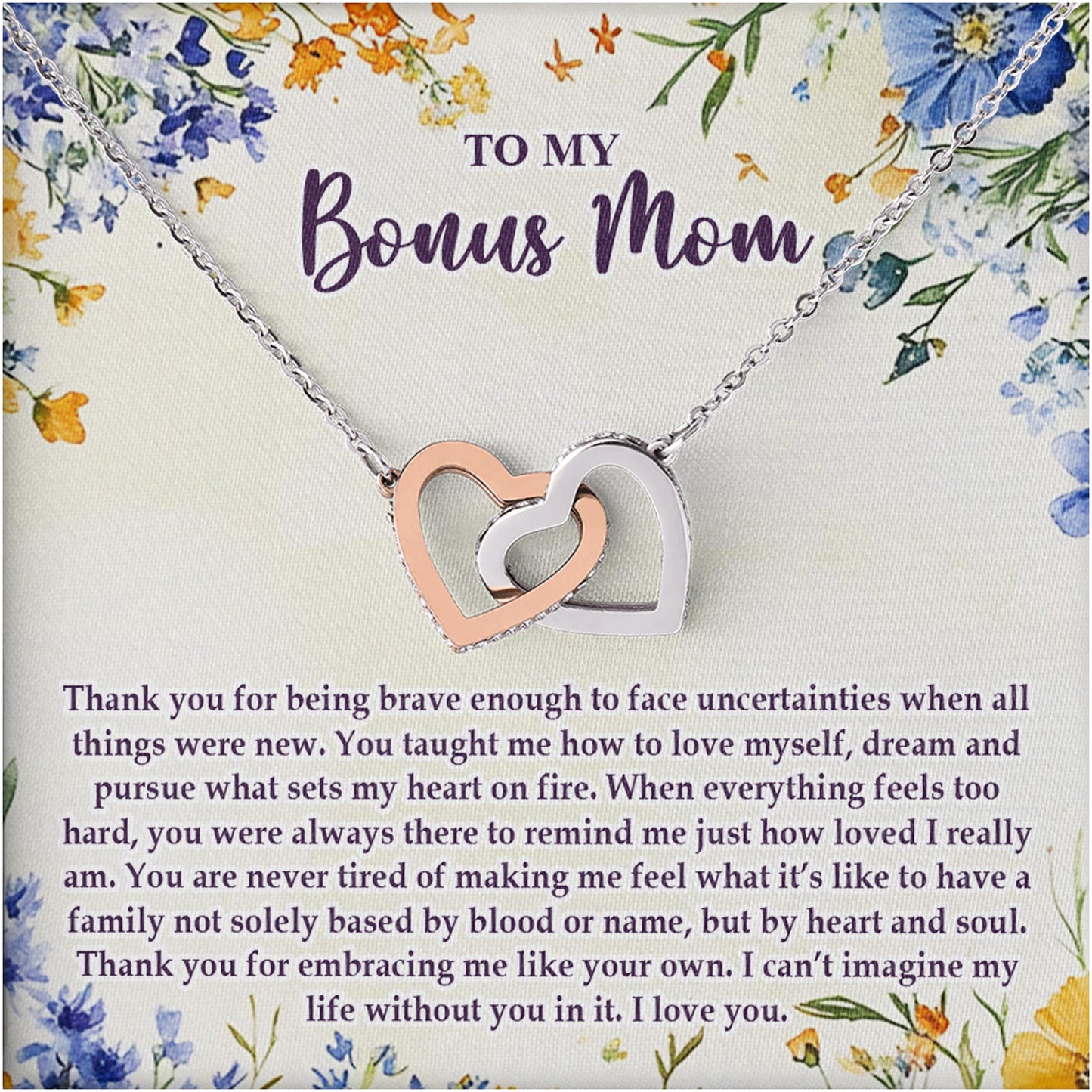 Netecom Personalized To My Bonus Mom Necklace from Daughter Son, Custom Message Card with Name, Interlocking Heart Jewelry Gift for Birthday, Christmas