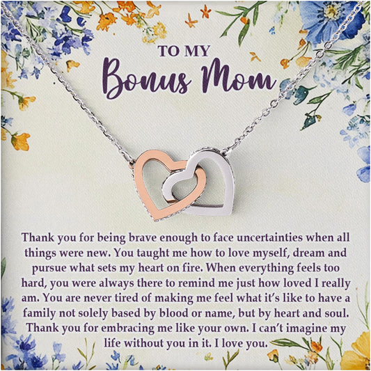 Netecom Personalized To My Bonus Mom Necklace from Daughter Son, Custom Message Card with Name, Interlocking Heart Jewelry Gift for Birthday, Christmas